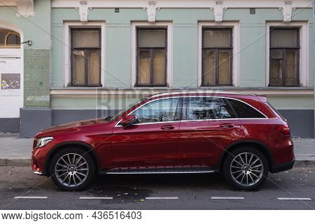 Moscow, Russia - October  13, 2021: Red  Mercedes-benz Glc-class Is Parked  On The Street On A Warm 
