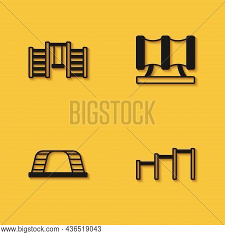 Set Swedish Wall, Sport Horizontal Bar, Monkey And Kid Playground Slide Pipe Icon With Long Shadow. 