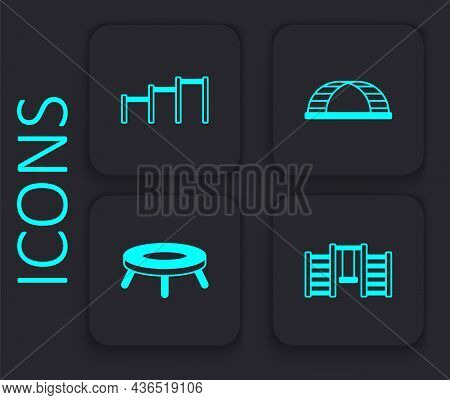 Set Swedish Wall, Sport Horizontal Bar, Monkey And Jumping Trampoline Icon. Black Square Button. Vec