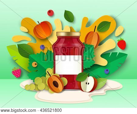 Fruit Jam Package Glass Jar, Paper Cut Fresh Fruits, Liquid Splash, Drops. Healthy Fruit Preserves, 