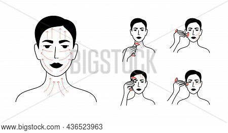 Vector Icons Set Of Facial Massage By Face Roller. Skin Care Instruction, Relaxing, Lifting Procedur