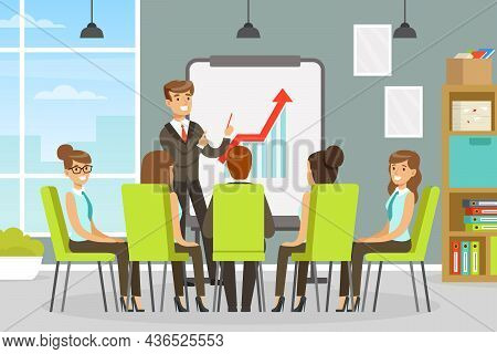 Man Character Coworker In Office Space Showing Presentation On Markerboard Vector Illustration