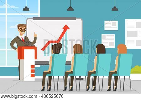 Man Character Coworker In Office Space Showing Presentation On Markerboard Vector Illustration