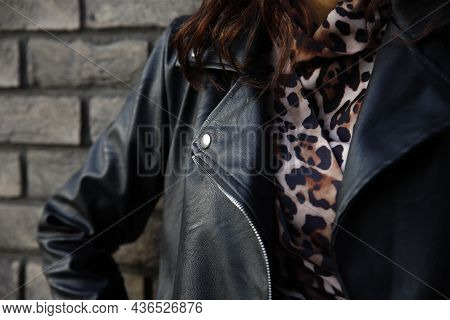 Woman Wearing Rock'n'roll Leather Jacket. Closeup Shot. Selective Foucus On The Details