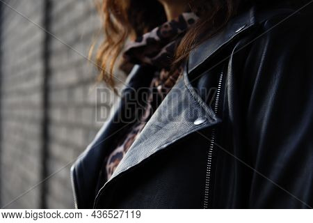 Woman Wearing Rock'n'roll Leather Jacket. Closeup Shot. Selective Foucus On The Details