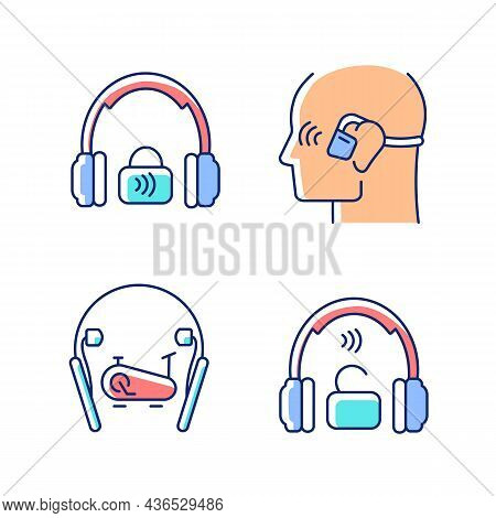 Wireless Headphones Rgb Color Icons Set. Professional On Ear Headset. In Ear Earphones For Sport Act