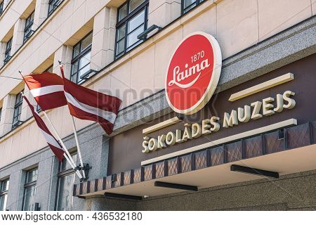 Riga, Latvia - September 19 2021: Laima Chocolate Museum In Riga, Latvia With Vintage Logo And Latvi