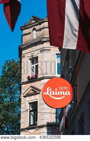 Riga, Latvia - September 19 2021: Laima Chocolate Museum In Riga, Latvia With Vintage Logo And Latvi