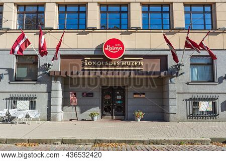 Riga, Latvia - September 19 2021: Laima Chocolate Museum In Riga, Latvia With Vintage Logo And Latvi