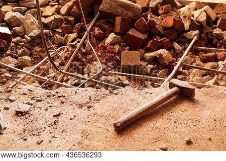 Dismantling, Disassembling The Floor. Smashed Concrete And Bricks Floor. Destroying Concrete Surface