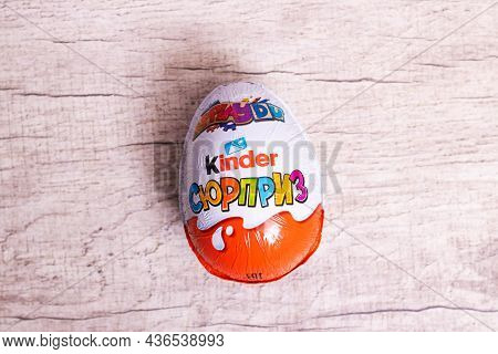 Belarus, Novopolotsk - 18 October, 2021: Chocolate Egg Kinder Surprise