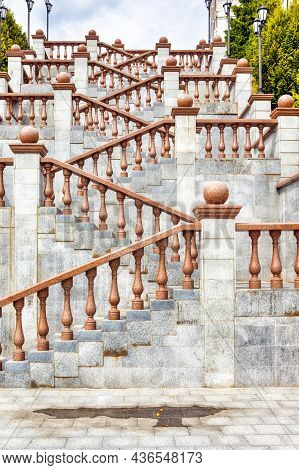 Marble Cathedral Stariway With Line Of Lanterns. Vertical Image Composition