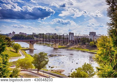 Belarus Travel Destinations. Cityscape Image Of The Holly Assumption Hill With Long Pedestrian Bridg