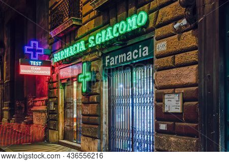 Rome, Italy October 10 2021: Open Pharmacy Store Entrance With Quantum Magneto Test Sign. External N