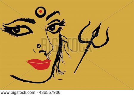 Sketch Powerful Hindu Goddess Durga Ma Or Kali Mata Outline And Silhouette Illustration With Trident