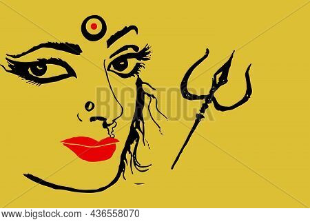 Sketch Powerful Hindu Goddess Durga Ma Or Kali Mata Outline And Silhouette Illustration With Trident