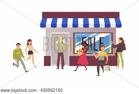 Shopping Concept With People On Sale, Flat Vector Illustration Isolated.