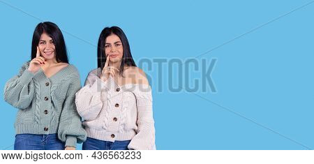 Banner- Long Format Isolated On Blue. Young Fashionable Caucasian Sisters, Elegant Seductive Women, 