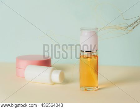 A Set Of Cosmetics Products With Dreid Plant. Natural Organic Cosmetic. Beauty Concept. Wabi Sabi Tr