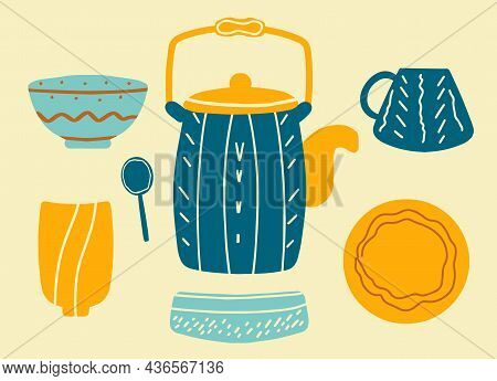Set Of Ceramic Tableware With Design Elements. Collection For Tea Drinking And Delicious Dishes. Tea