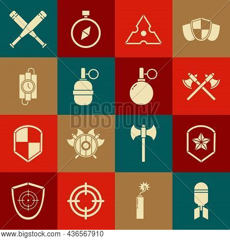 Set Aviation Bomb, Police Badge, Crossed Medieval Axes, Japanese Ninja Shuriken, Hand Grenade, Dynam