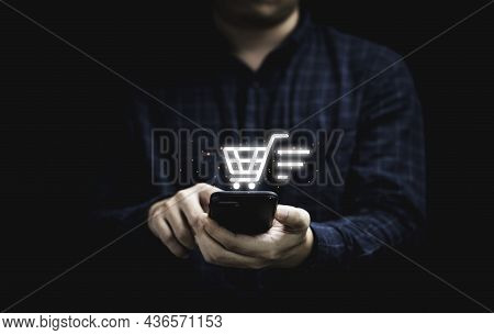 Businessman Using Smartphone For Input Shopping Order For Online Shopping And E-commerce Concept.