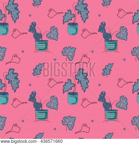 Seamless Pattern Of Various Houseplants, On A Bright Background. Monstera, Ficus. Colored Flat Vecto