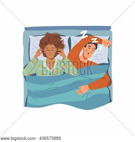 Woman Using Ear Plugs To Fall Asleep, Wife Laying By Snoring Husband. Female Personage With Sensitiv