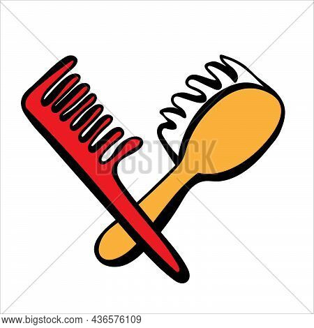Сomb And Hair Brush. Simple Vector Illustration In Doodle Style.