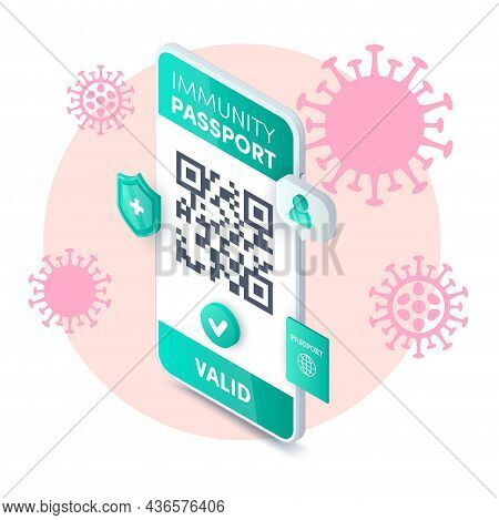 Electronic Health Passport Qr Code App Isometric Concept. Vector Covid-19 Valid Immunity Pass Certif