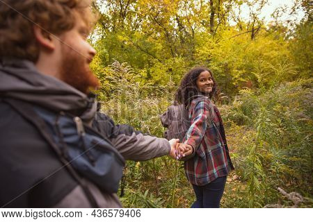 Cropped Portrait Of Beautiful Young Couple Speding Time Together, Hiking. Romantic Autumn Activity