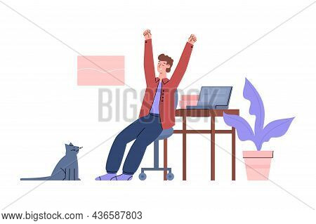 Man Working Remotely Doing Warm-up Or Stretching At Workplace, Home Office