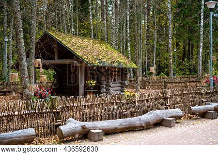 Little Mystic Wooden Log House In The Autumn Forest, Tervete, Latvia