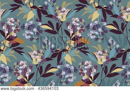 Vector Floral Seamless Pattern. Background With Branches, Twigs, Leaves, Flowers.