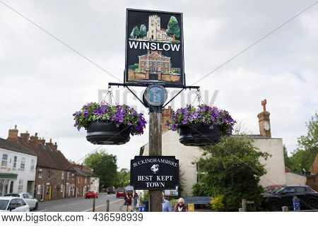 Winslow, Uk - June 25, 2021. Winslow Traditional Market Town Sign, Awarded Best Kept Town In Bucking