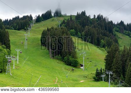 Panoramic View On Ski Lifts, Green Forests And Apline Meadows Near Saint-gervais-les-bains, Savoy. F
