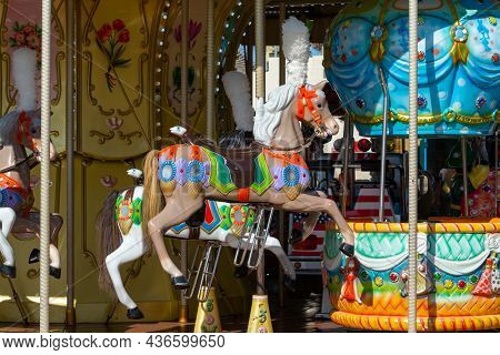 Colorful Horse On Traditional Old French Caroussel In City Park