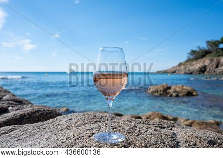 Summer Time In Provence, Glass Of Cold Rose Wine On Sandy Beach And Blue Sea Near Saint-tropez, Var