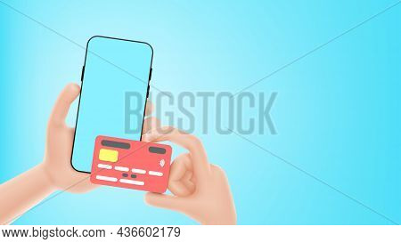 Banner With Concept Of E-payment Or Online Payment. Hands Hold Smartphone And Debit Or Credit Card A