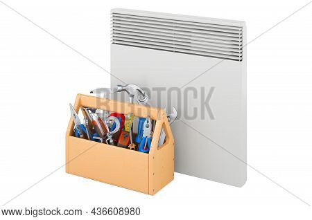Convection Heater With Toolbox. Repair And Service Of Convection Heater, 3d Rendering Isolated On Wh