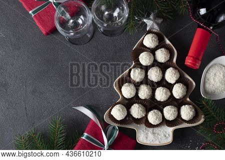 Sweet Coconut Rafaello Candies Served In Plate As Christmas Tree. Top View. Copy Space