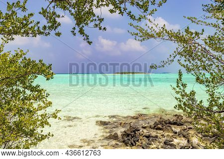 Natural Tropical Turquoise Sandbank Islands Madivaru Finolhu Rasdhoo Atoll Maldives.