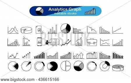 Set Of Graphic Icons For Data Processing In Line Style. Analyzing Graphics, Financial, Analytics, St