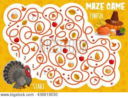 Thanksgiving Labyrinth Maze Game, Turkey Bird, Autumn Pie, Leaves And Harvest. Vector Kids Puzzle He
