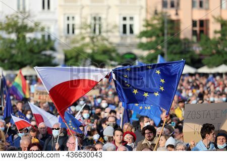 Cracow; Poland - Oct 10; 2021: We Stay; The Government Leaves! People Protest Against The Verdict Of