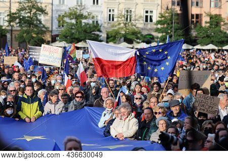 Cracow; Poland - Oct 10; 2021: We Stay; The Government Leaves! People Protest Against The Verdict Of