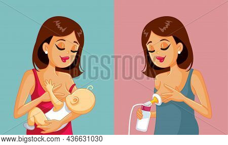Mother Pumping And Breastfeeding Her Baby Vector Cartoon