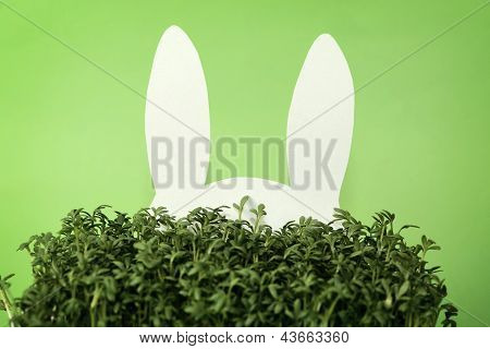 Coniglio di carta nascosto nell'erba verde
