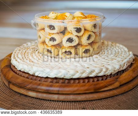 Traditional Pineapple Jam Tart Roll Cookies Or A Malay Called Tart Nanas In A Plastic Container.