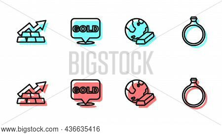 Set Line Gold Bars, Growth Arrow With Gold, And Ring Icon. Vector
